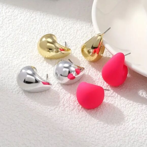 ✨🆕✨ Elegant Punk Boho Water Drop Stud Earrings in Pink, Gold, Silver ✨3 Pairs✨ - Picture 5 of 12